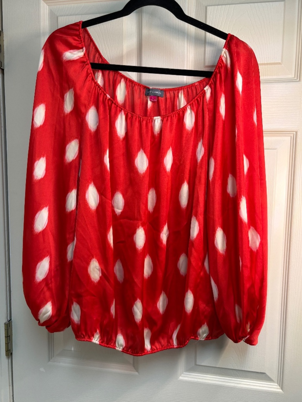 Vince Camuto red blouse with flame stitch design
